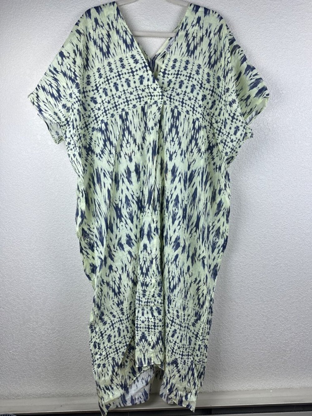 Zara 100% Ramie Abstract Print Kaftan Tunic Dress XL Blue Ivory Boho Beachy - Picture 3 of 11